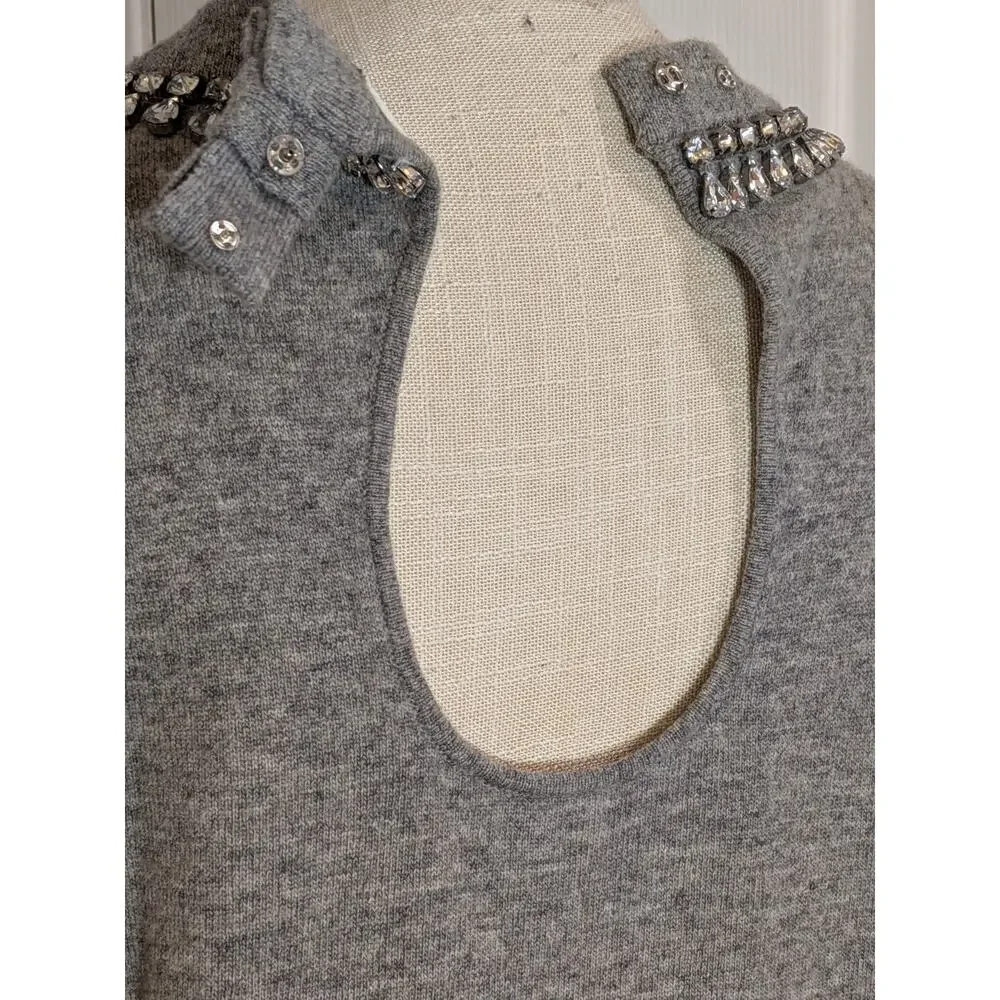 Kate Spade Wool Cashmere Gray Embellished Collar Sweater Keyhole Bow Back Sz XL